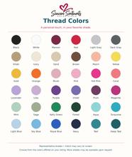 Load image into Gallery viewer, Thread color reference chart for custom embroidery, with representative labeled swatches and Sincere Sentiments logo