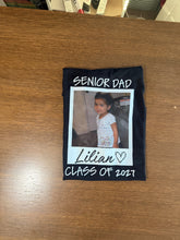 Load image into Gallery viewer, Custom Senior Dad photo T-shirt with child's name and graduation year

