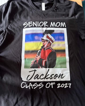 Load image into Gallery viewer, Custom Senior Mom photo T-shirt with child's name and graduation year
