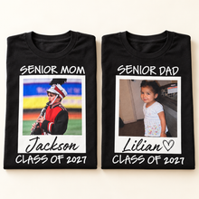 Load image into Gallery viewer, Mockup of Senior Mom and Senior Dad personalized photo T-shirts, showing example names and class of 2027
